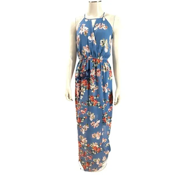 Sweet Storm S Blue Floral Halter Keyhole Lined Maxi Sundress Summer Boho Y2K 90s - Picture 2 of 13